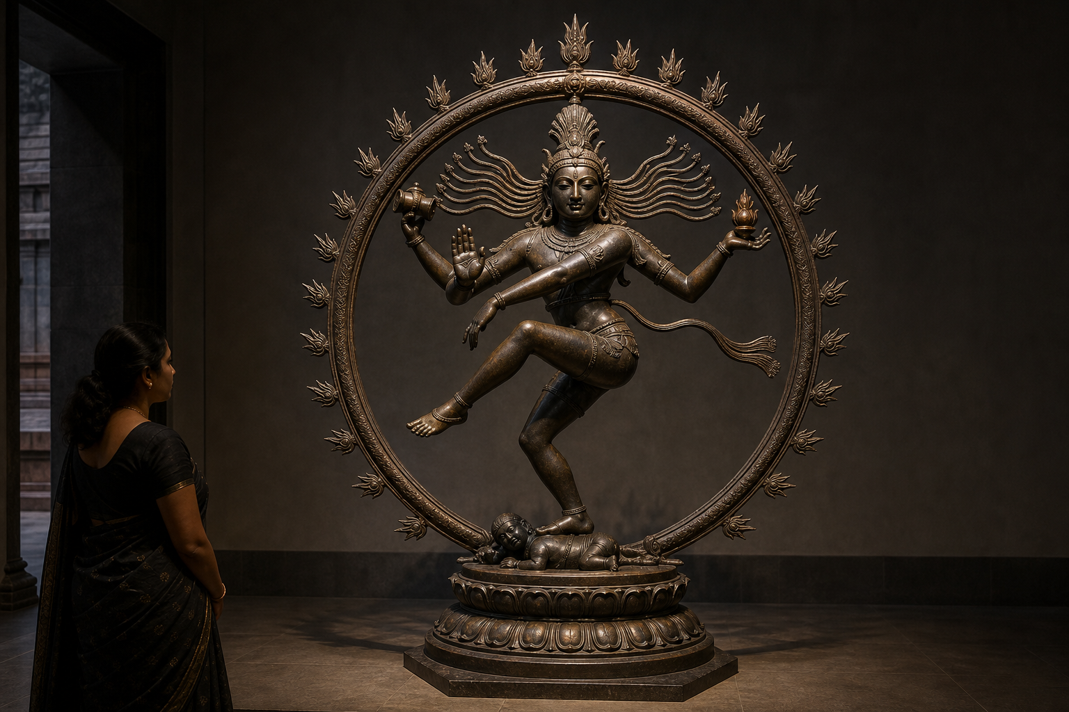 A visitor studies a bronze sculpture of Shiva as Nataraja, with the deity's dancing posture, hand gestures, drum, flame, and circular aureole clearly visible.