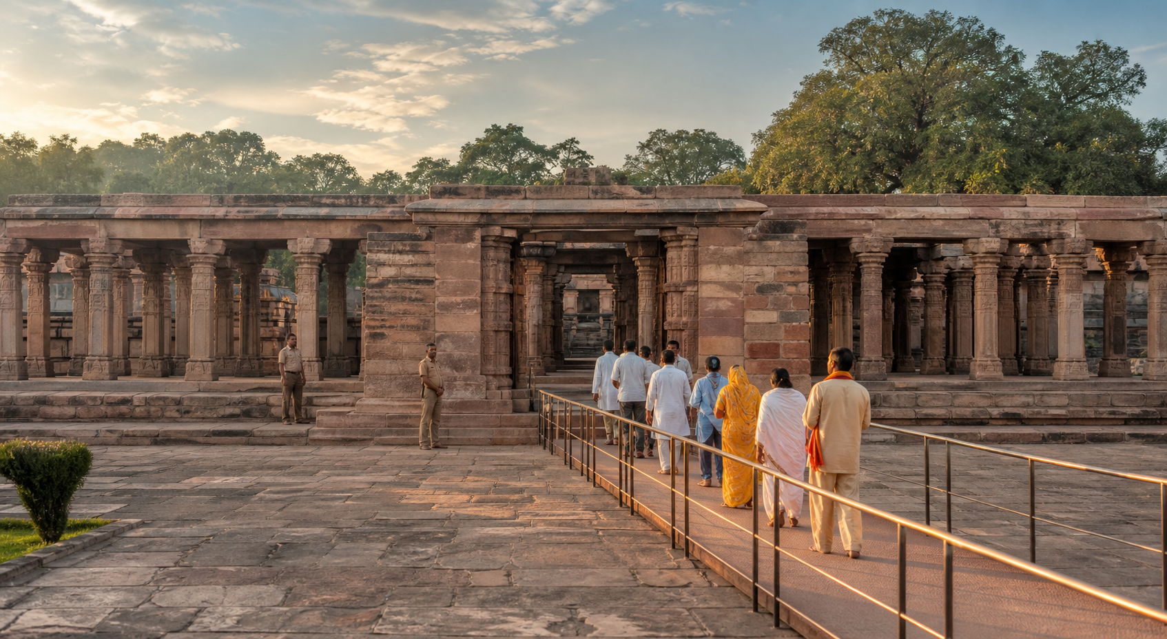 Bhojshala's sandstone pillars and courtyard in morning light as an orderly group of worshippers enters along a protected path.