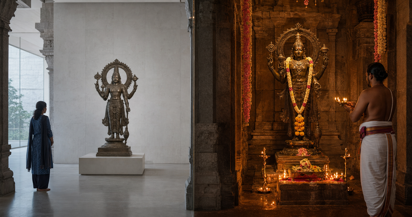 Two views contrast a bronze Hindu sacred image displayed in a cool museum gallery and worshipped with lamps and flowers in a warm temple shrine.