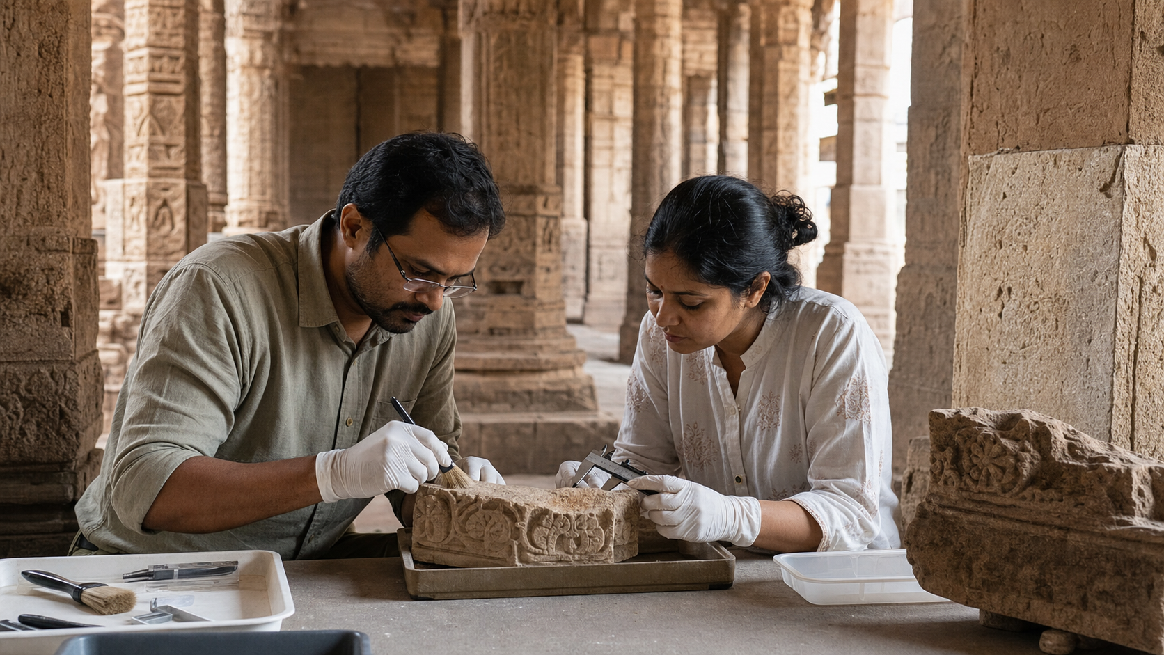 Heritage specialists examine a carved stone fragment among the weathered pillars inside Bhojshala.