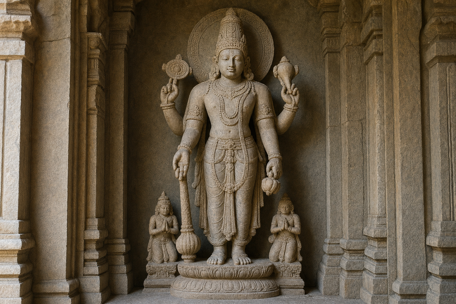 A complete four-armed sandstone sculpture of Vishnu stands in a temple niche with a crown, halo, conch, discus, mace, lotus, and small attendants at the base.