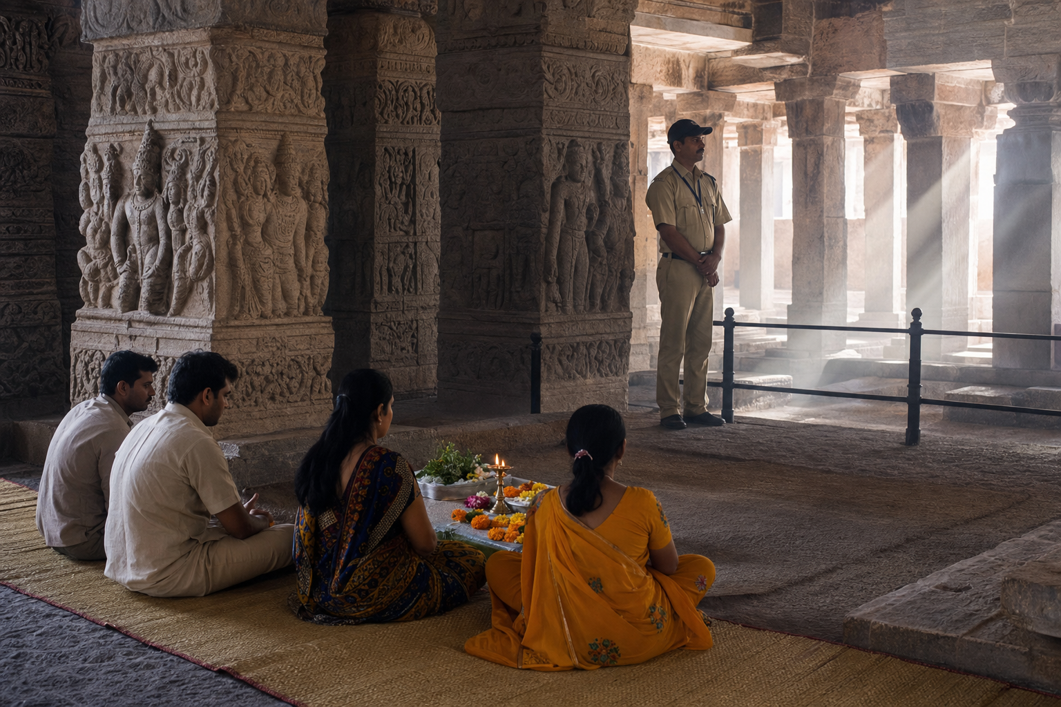 Worshippers sit on removable mats near flowers and a contained lamp while barriers protect Bhojshala's carved stone pillars.