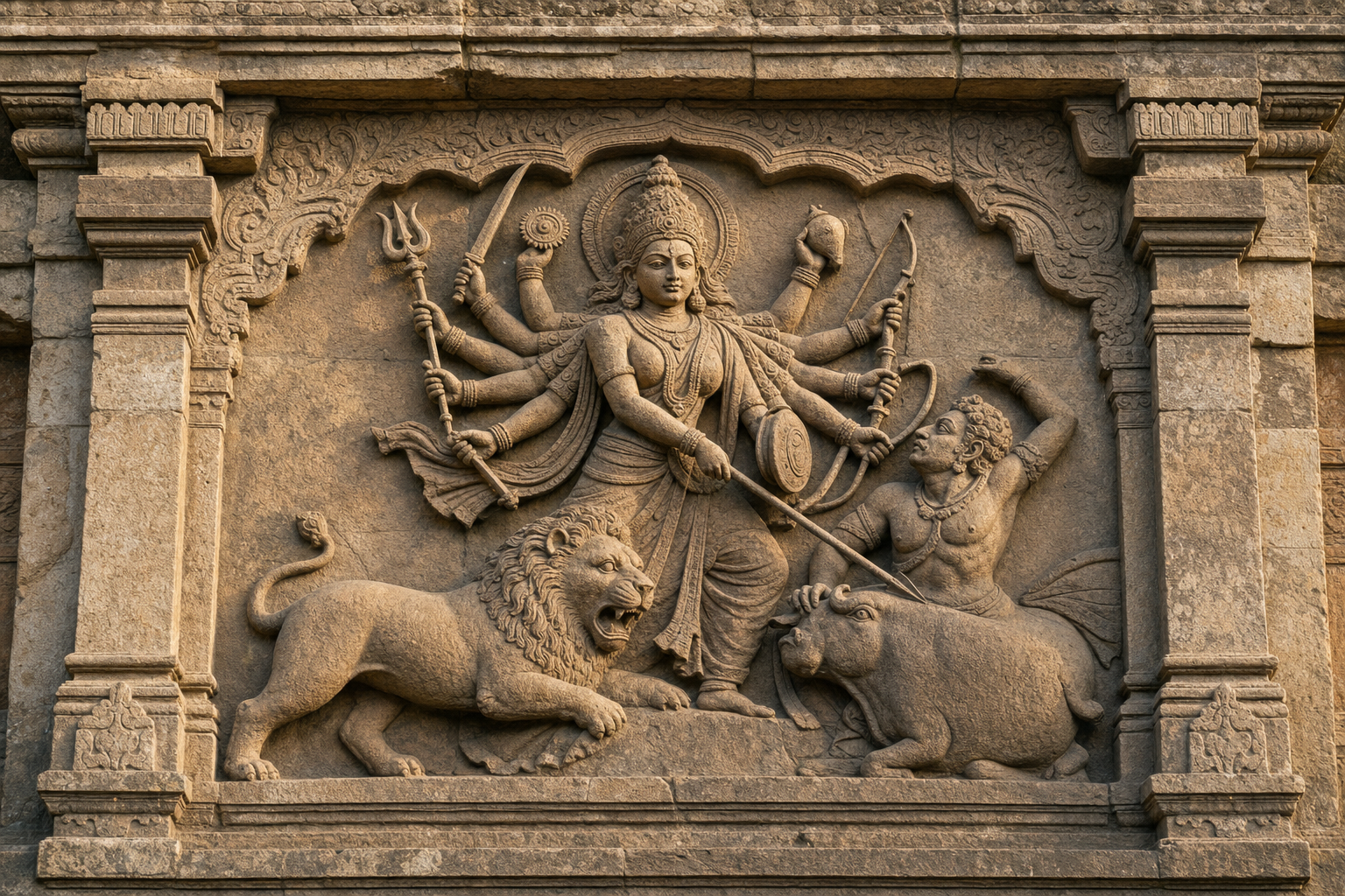 A carved stone relief shows multi-armed Durga with traditional weapons, her lion, a buffalo, and the emerging demon arranged in a unified battle scene.