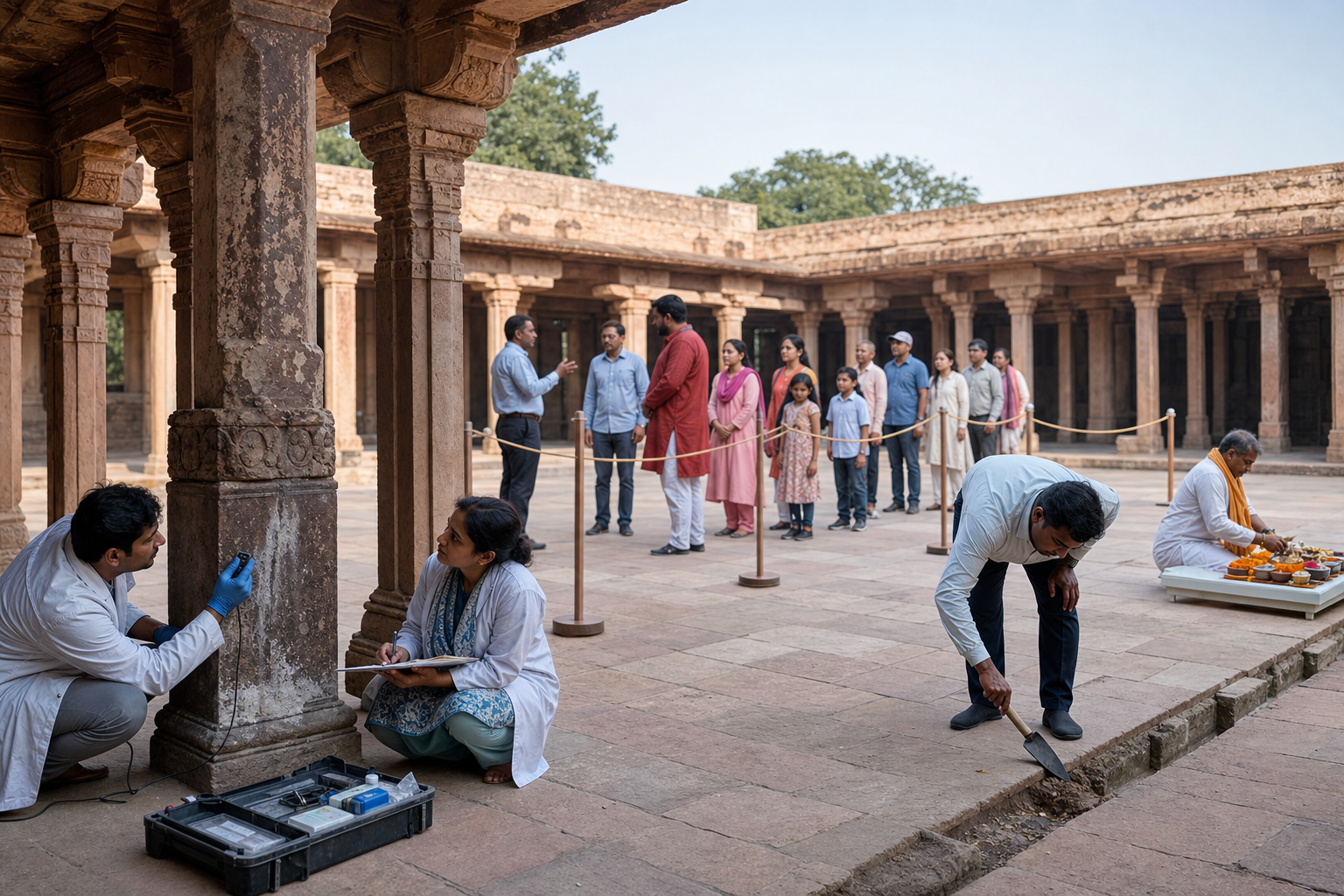 Conservators, site managers, and a worship volunteer care for Bhojshala's stone courtyard while visitors follow an orderly route.