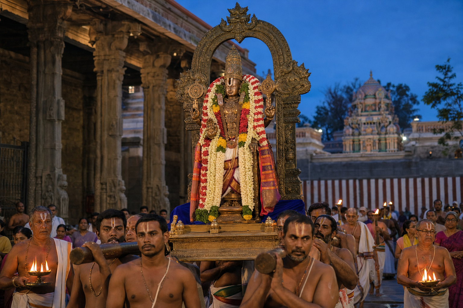 Priests and carriers accompany a garlanded bronze image of Vishnu on a palanquin through a stone temple courtyard illuminated by oil lamps at dusk.