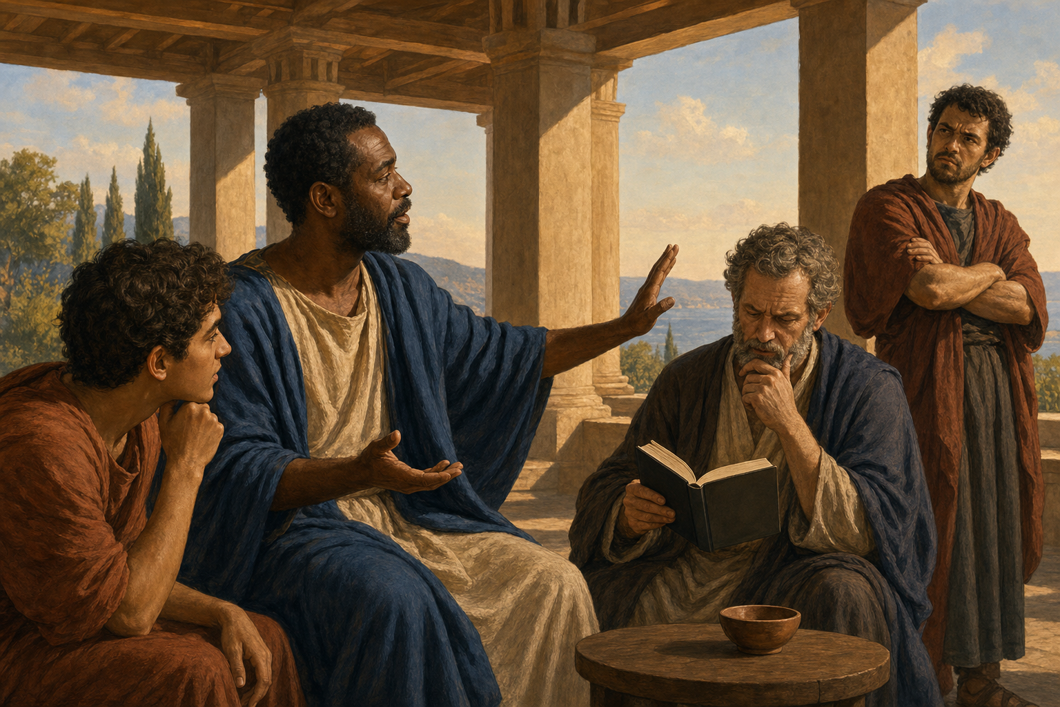 A composed speaker addresses a curious student, a skeptical scholar with a book, and an agitated person from different positions in an open pavilion.