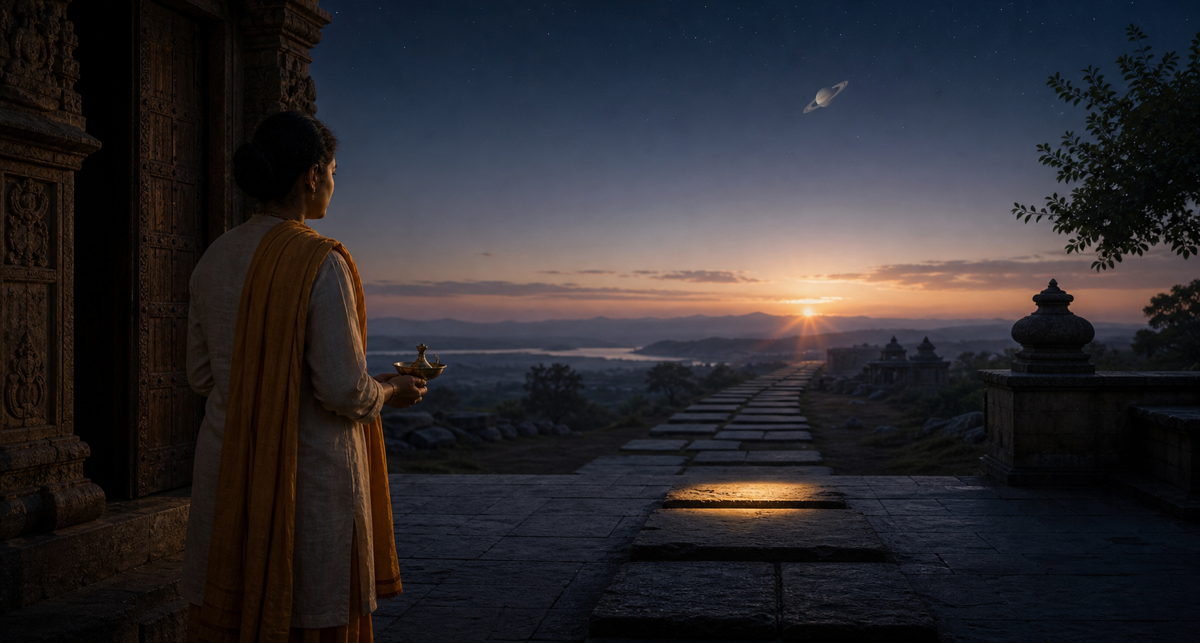 A person holding a brass lamp stands in a dawn courtyard as Saturn appears above and sunlight illuminates one stepping stone.
