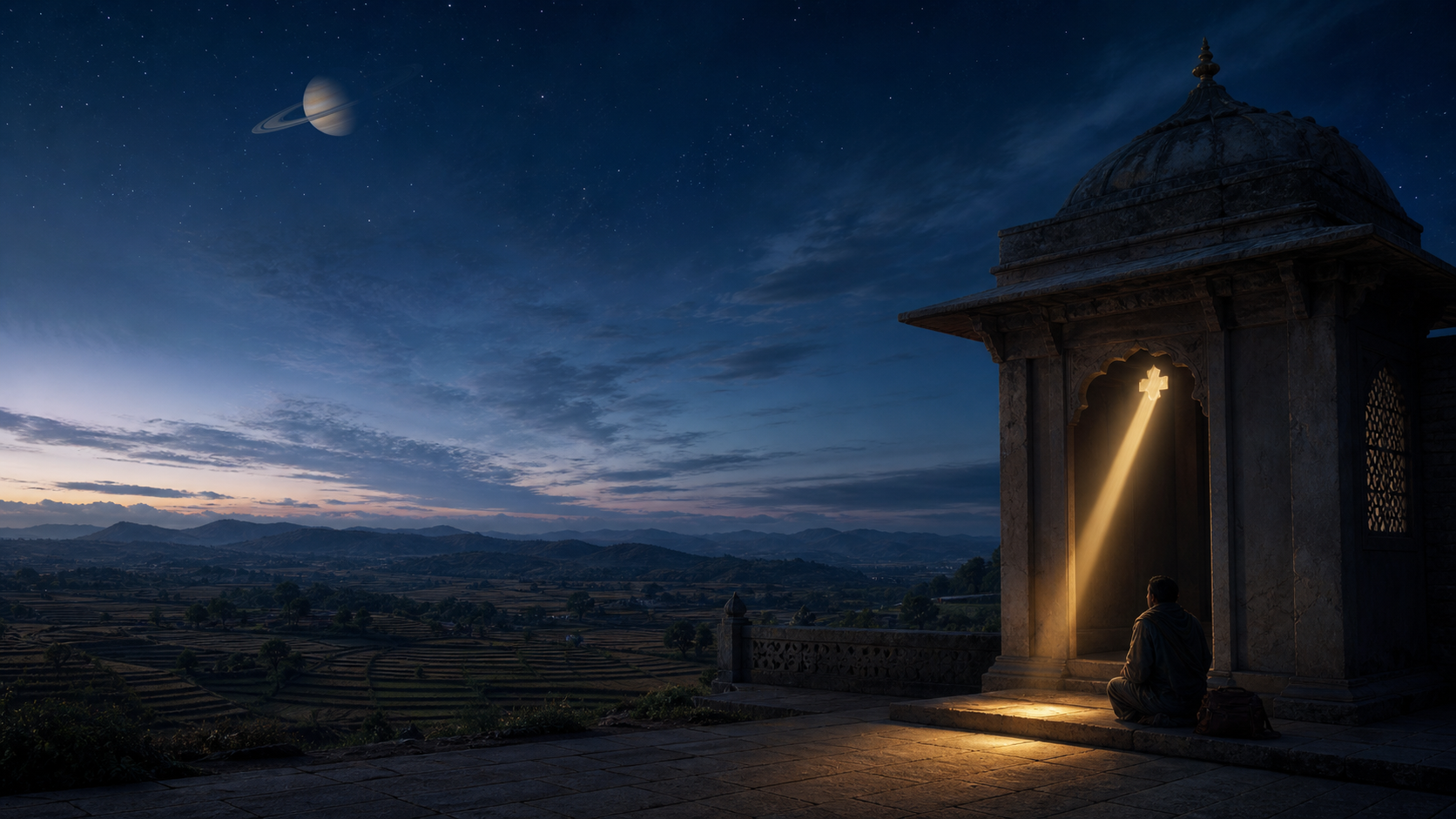 Saturn hangs over a broad landscape while a narrow beam of sunlight marks the threshold of a stone pavilion.