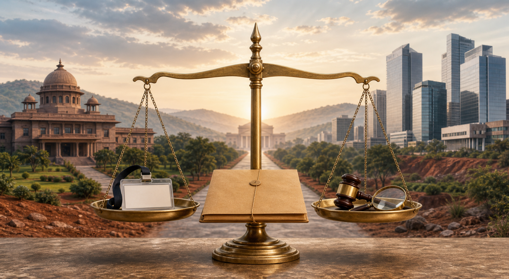 An unmarked petition file and balanced scales stand between a government residence, corporate buildings, and a distant courthouse against Jharkhand-like hills.