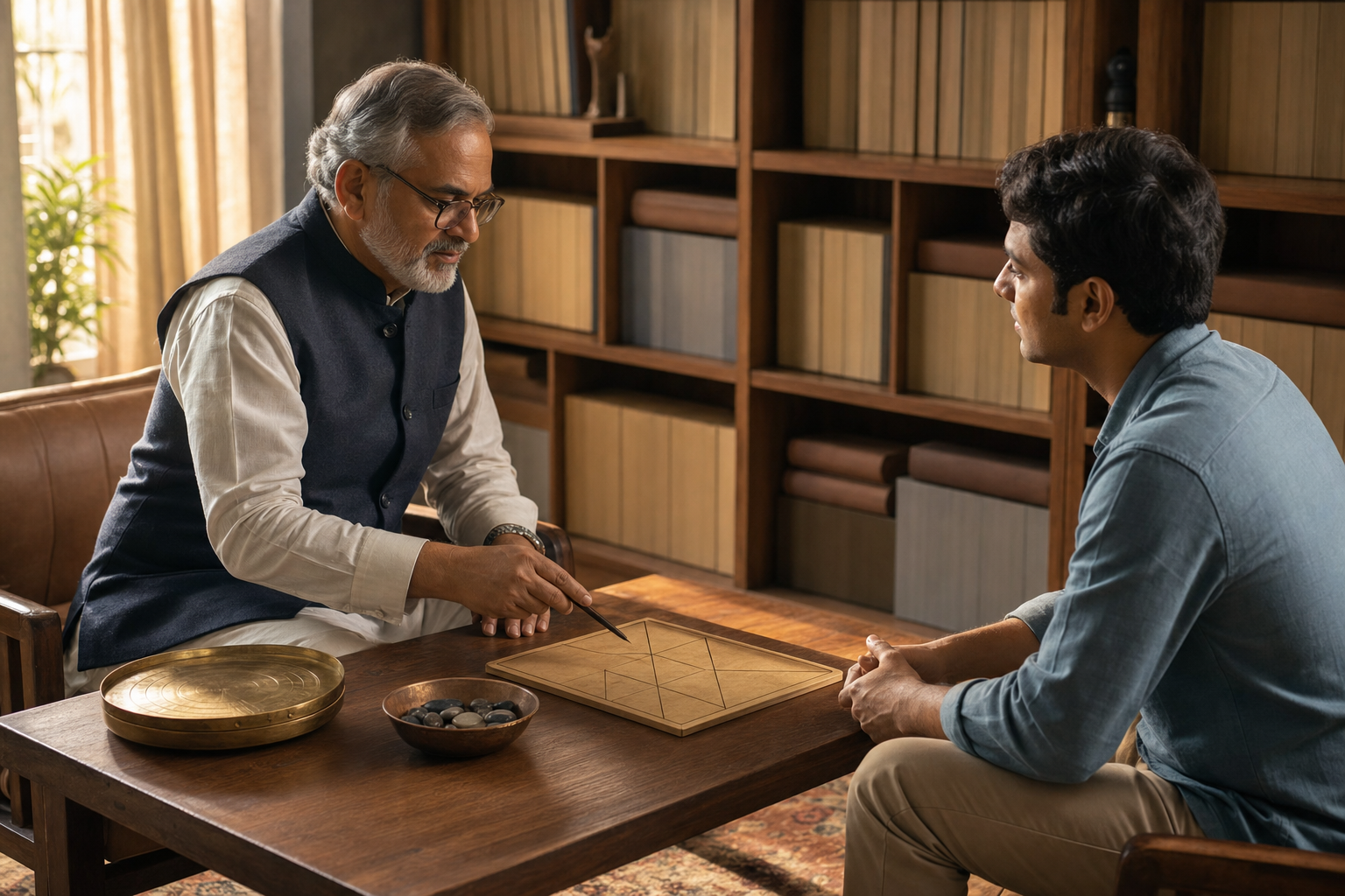 An astrologer and a client examine an unmarked celestial instrument and a geometric horoscope board in a quiet study.