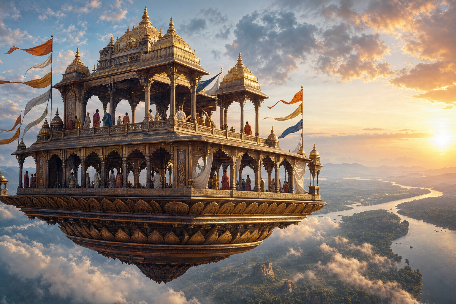 An ornate golden flying pavilion with tiered roofs and open colonnades hovers above a forested river valley at sunrise.