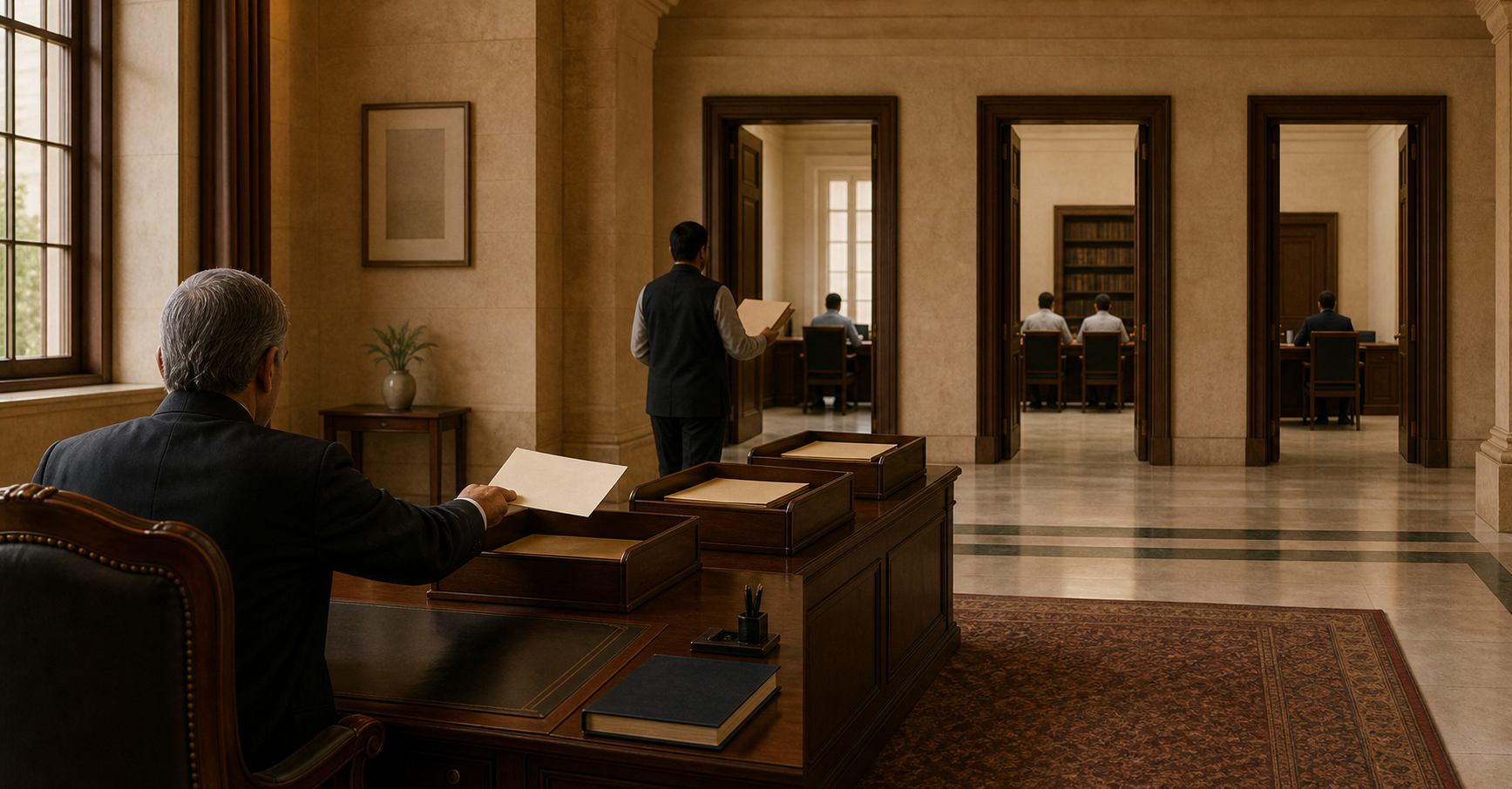 An official at a government desk forwards an unmarked petition toward separate administrative, investigative, and judicial offices.