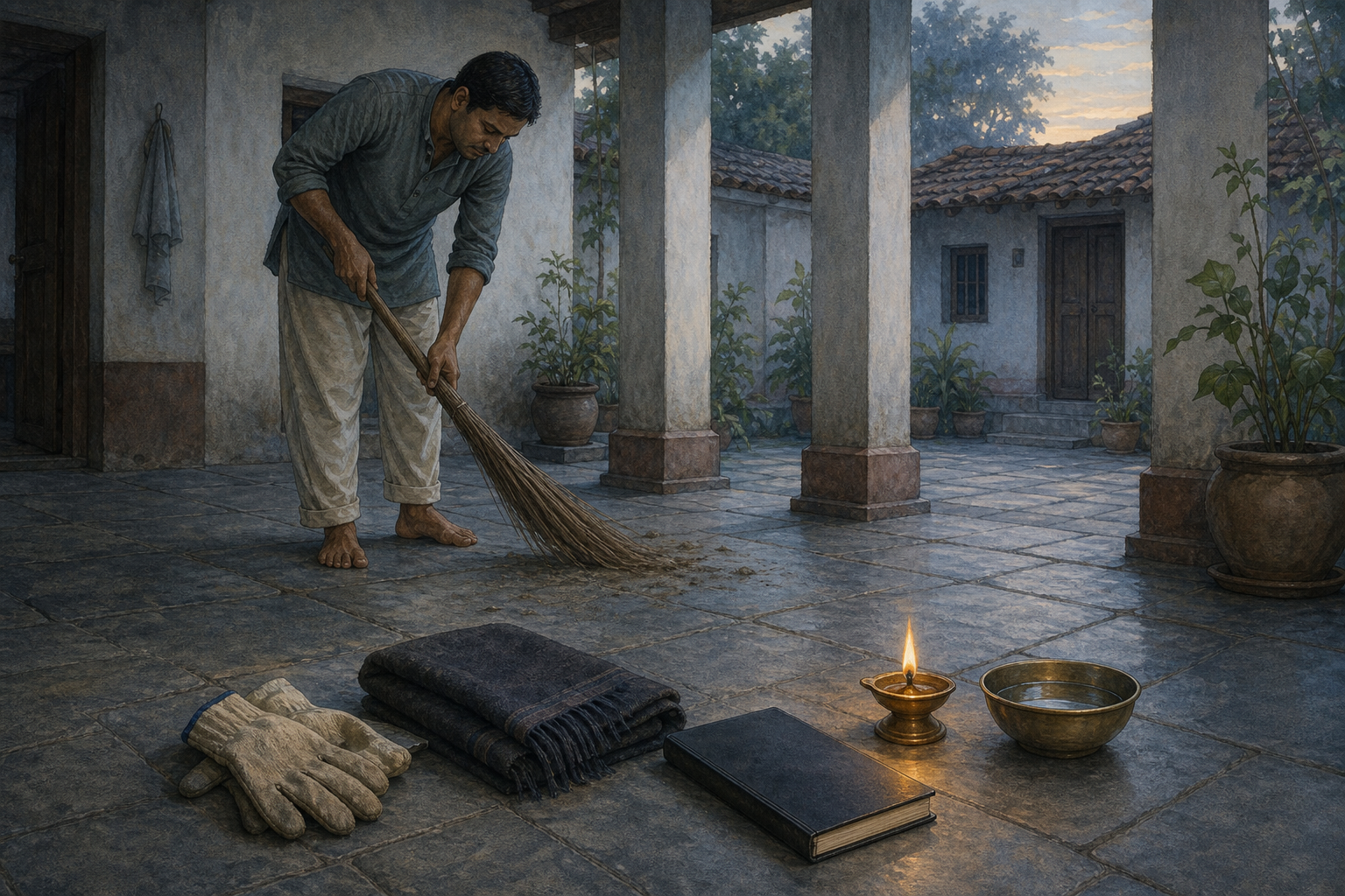A person sweeps a home courtyard at dawn beside a brass lamp, water bowl, gloves, folded shawl, and closed notebook.