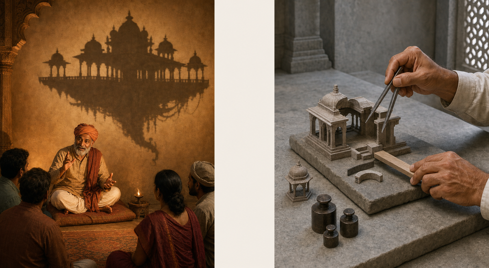A split scene shows a storyteller casting the shadow of a flying pavilion on one side and hands measuring a scale model on the other.