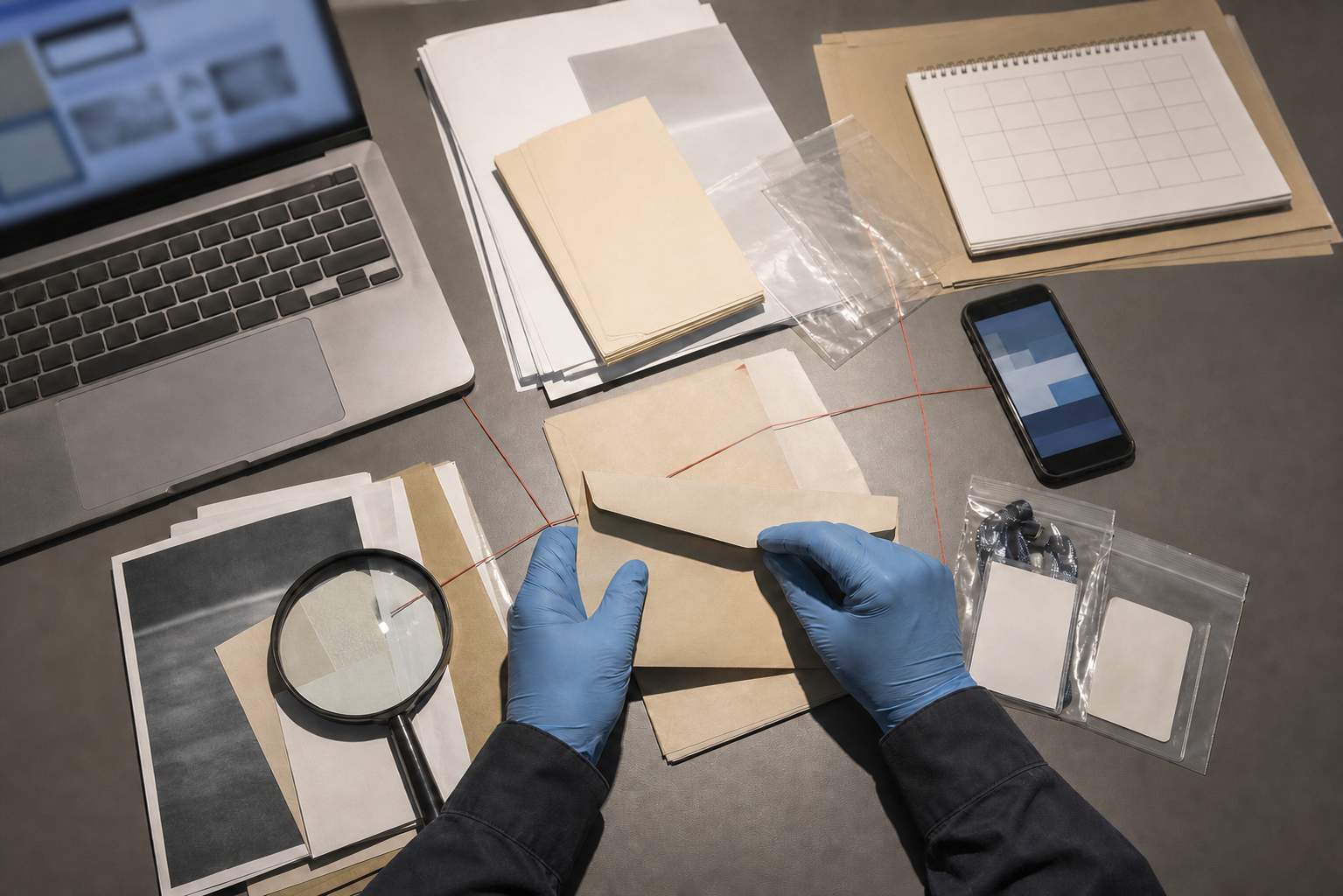 Gloved hands arrange sealed records, blank documents, digital devices, and office items into an organized evidence file.
