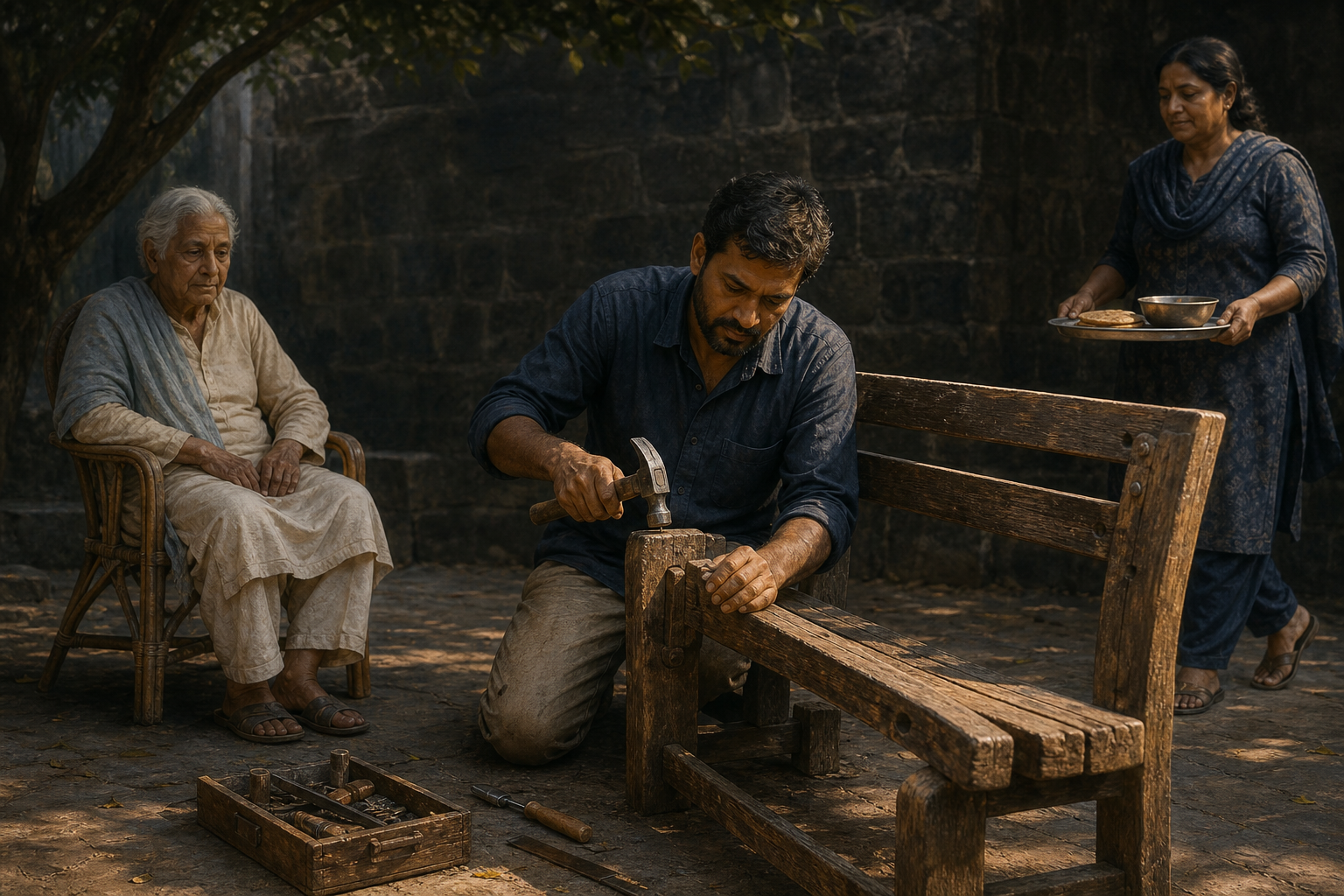 A volunteer repairs a wooden bench in a community courtyard while an older person rests nearby and a helper carries a meal.