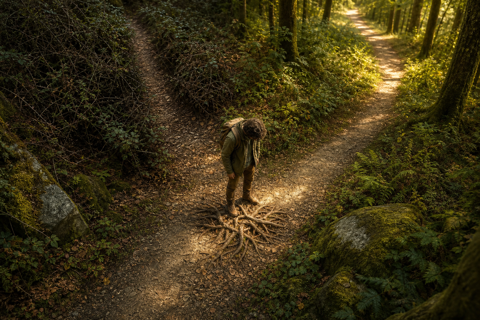 A traveler examines an exposed tangled root at a fork in a forest path as a clear route appears ahead.