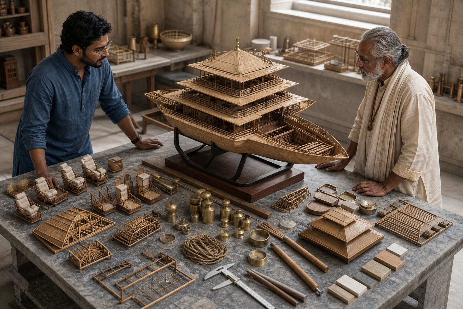 A scholar and an engineer examine a tiered wooden-and-brass pavilion model surrounded by calipers, weights, and removable structural pieces.