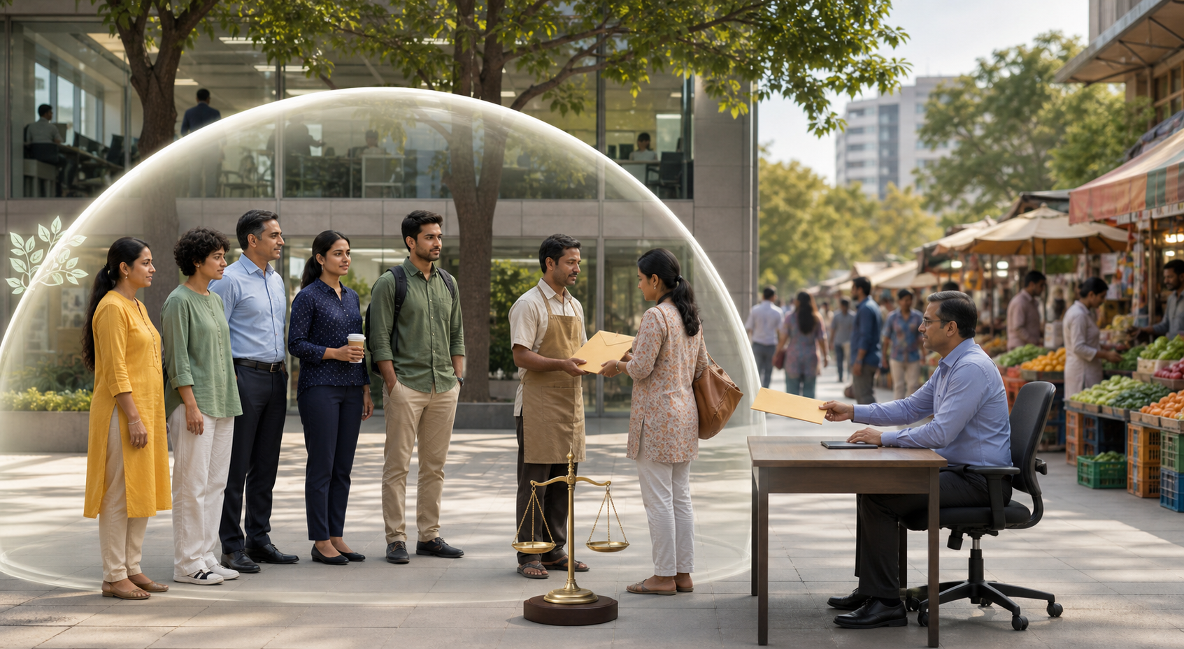 Employees, a vendor, and a customer stand under a protective canopy as an independent investigator receives a sealed complaint beside an operating office and market.