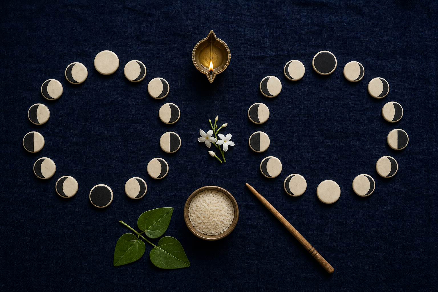 Two circular sets of moon-phase tokens begin at different lunar phases beside a brass lamp and puja offerings.