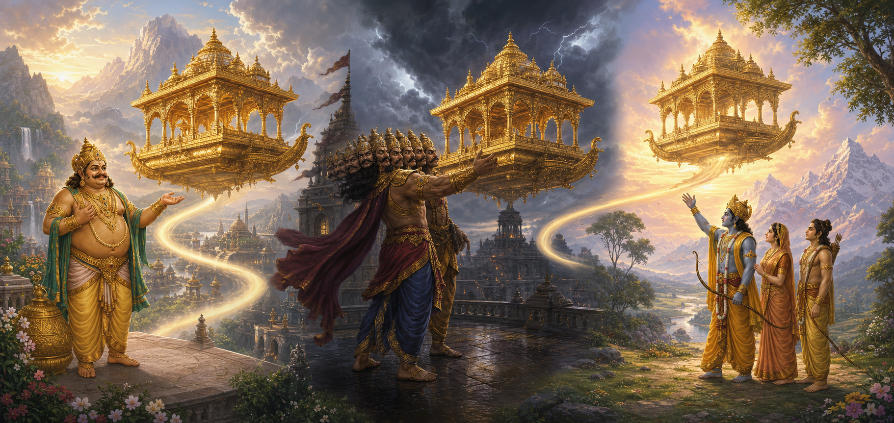 Three connected mythic scenes show the same flying pavilion with Kubera, its seizure by the many-headed Ravana, and its release by Rama after a peaceful landing.