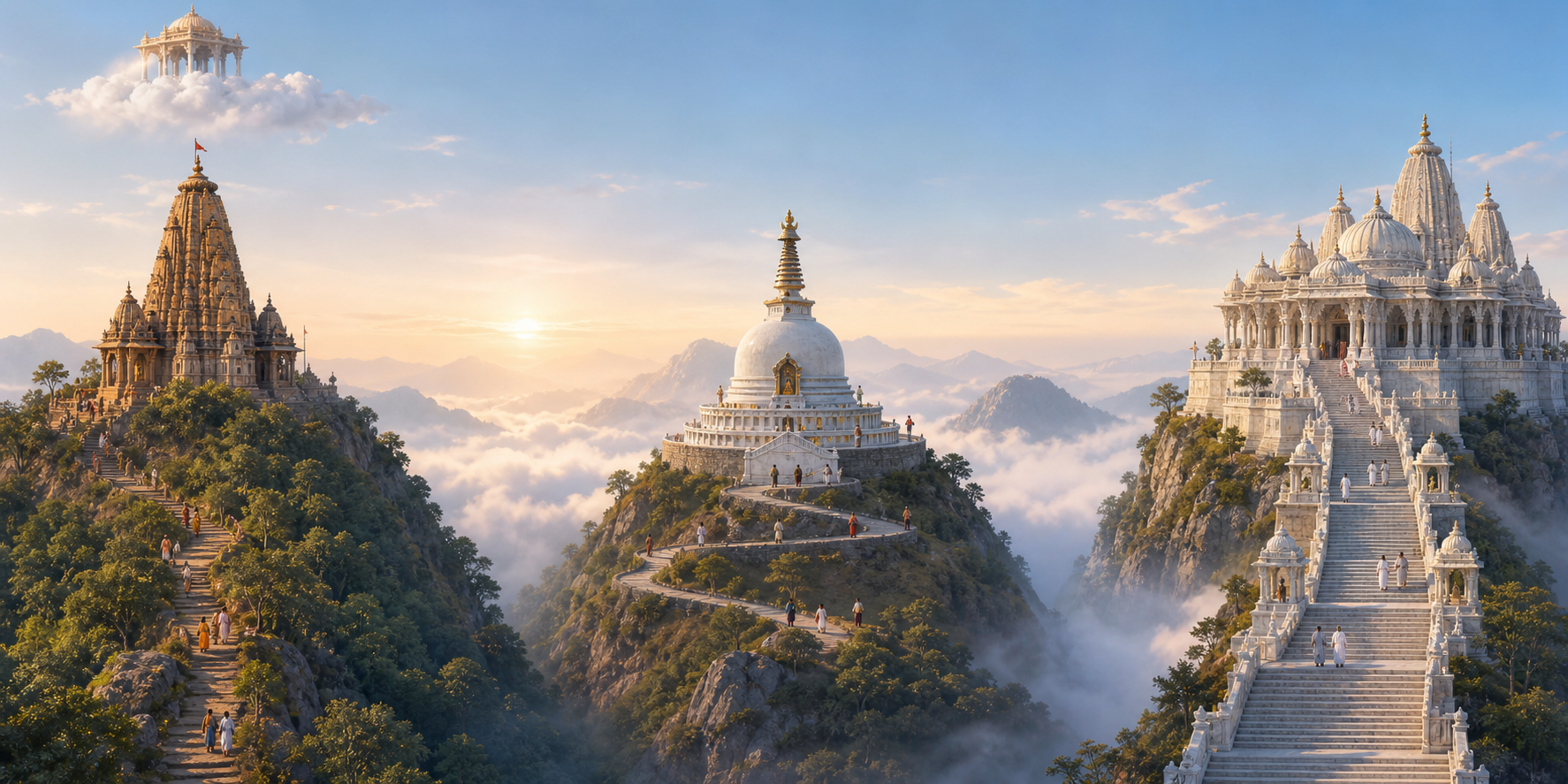Three separate mountain paths rise toward a Hindu temple, a Buddhist stupa, and a Jain marble temple complex under the same dawn sky.