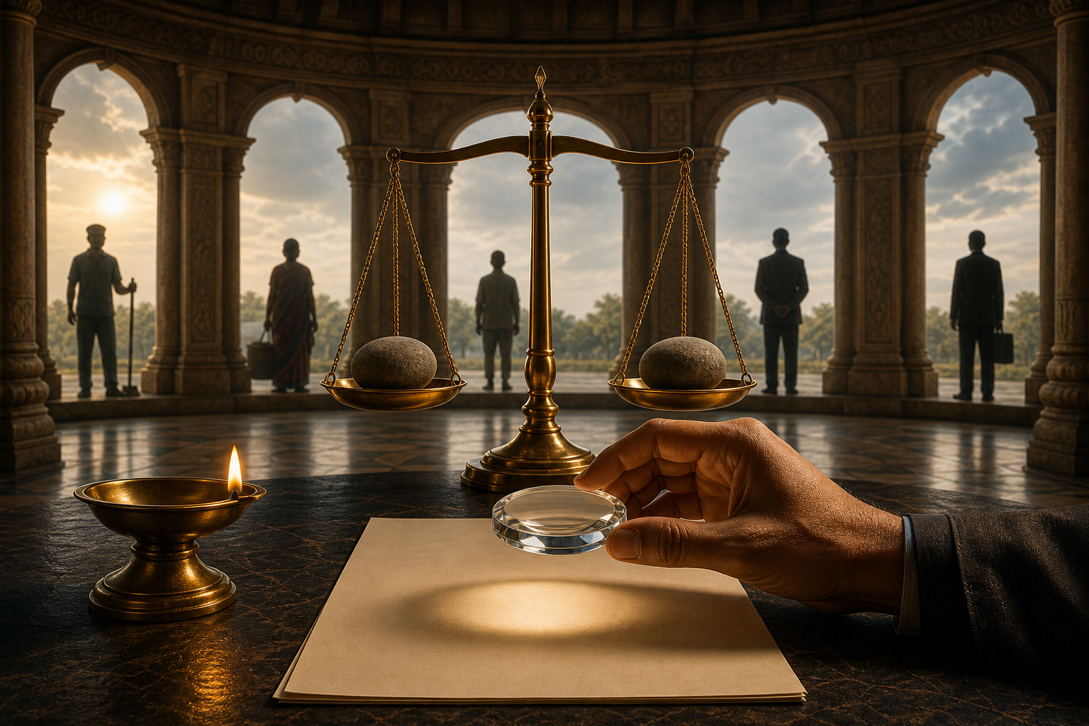 A brass lamp illuminates balanced scales and an unmarked petition while five people stand equally spaced around an open colonnade.