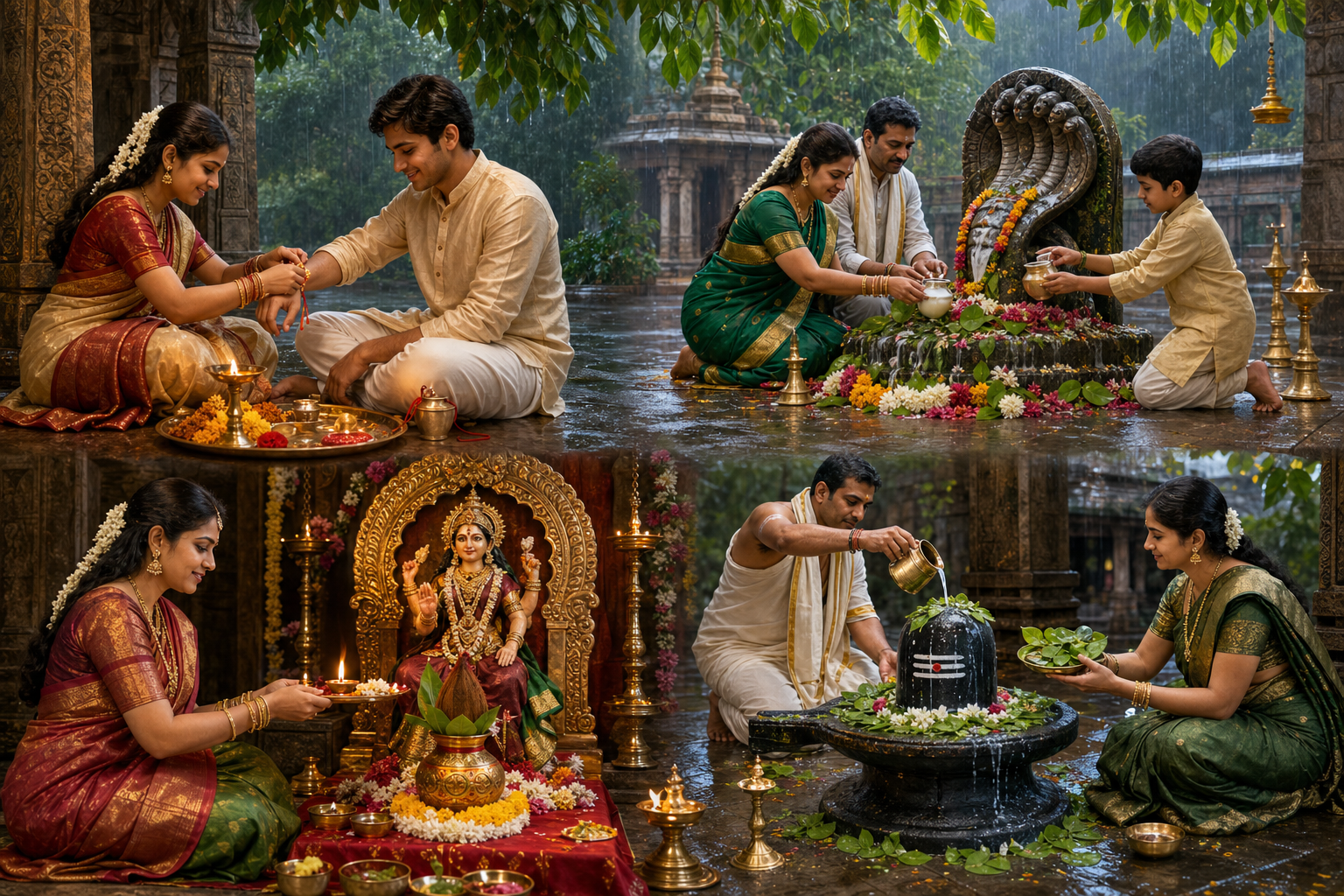 Four connected scenes show rakhi tying, offerings at a naga shrine, Varalakshmi vrata and worship of a Shiva lingam.