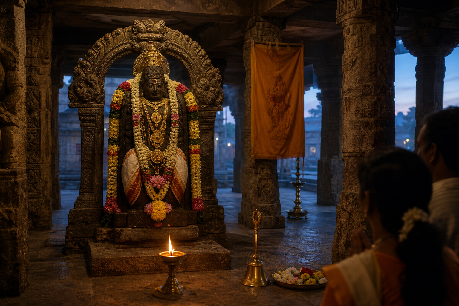 A flower-adorned stone murti in a pillared Hindu temple, with an oil lamp, bronze bell, offering tray and saffron banner nearby.