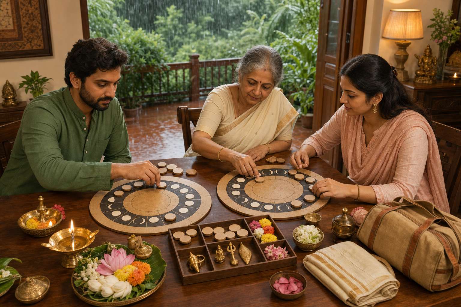 A family compares two lunar-phase boards and arranges blank day markers while planning pujas and temple visits.