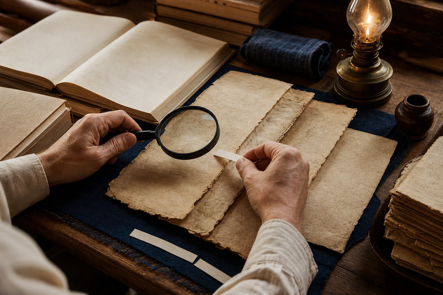A scholar's hands compare old manuscript leaves and reference books with a magnifying lens on a warmly lit wooden desk.