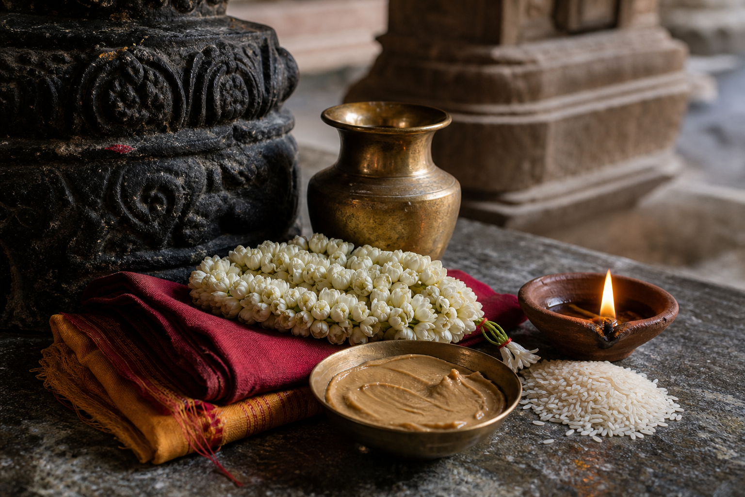 Stone, bronze, folded cloth, jasmine flowers, sandalwood paste, rice and a lit clay lamp arranged on a temple floor.