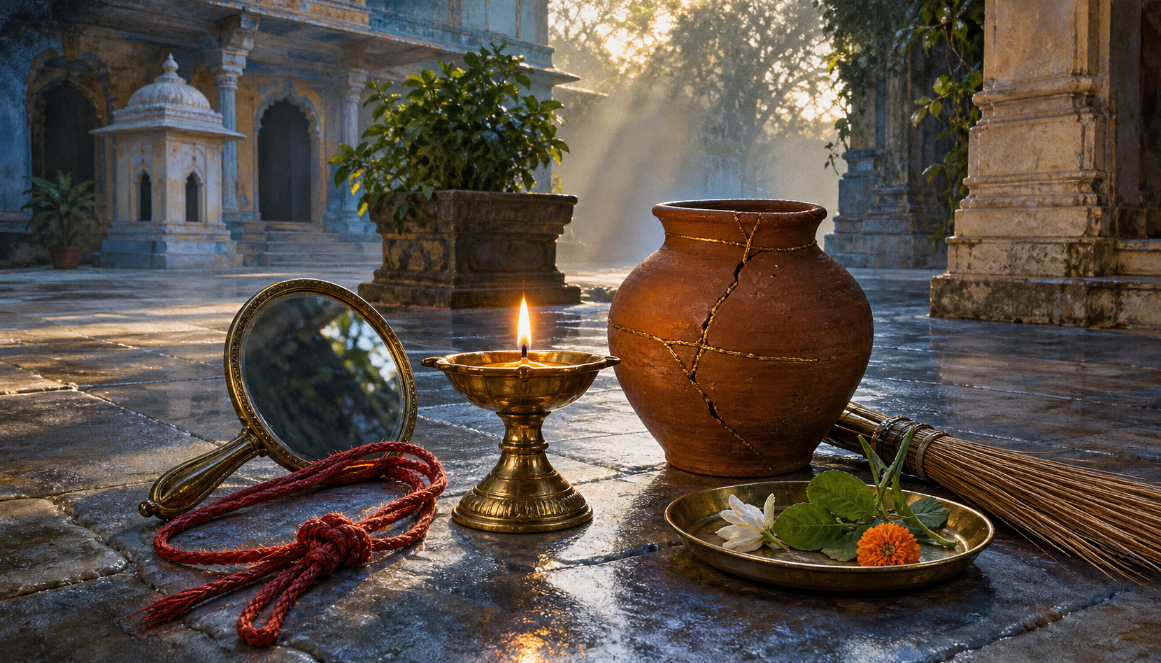 A brass oil lamp stands beside a turned mirror, a loosened red cord, a repaired clay pot, a broom, and an offering tray in a temple courtyard at dawn.