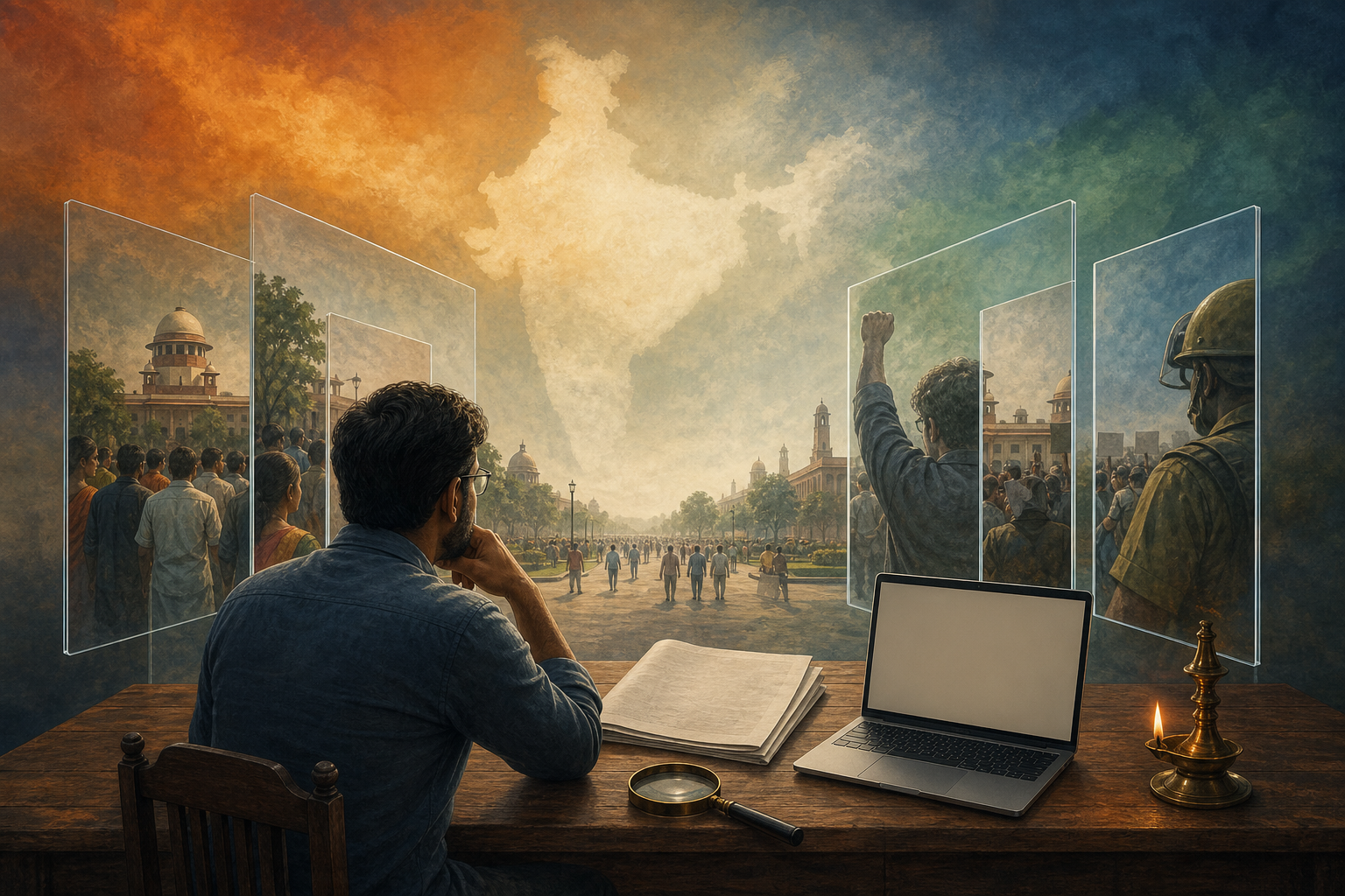 A reader at a desk examines one civic scene through several transparent panes that frame it in different ways.