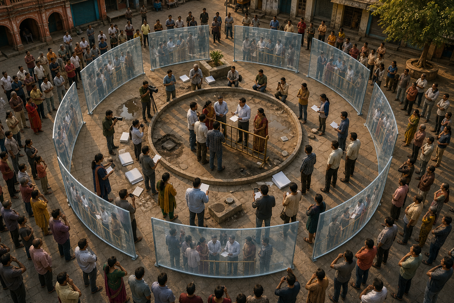 A public event in an Indian town square is surrounded by concentric layers of evidence, interpretation, and audience reaction.