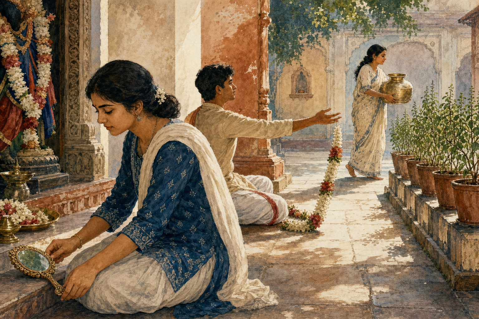 Devotees in a temple courtyard set aside a mirror, loosen their grip on a flower garland, and carry water toward tulsi plants.