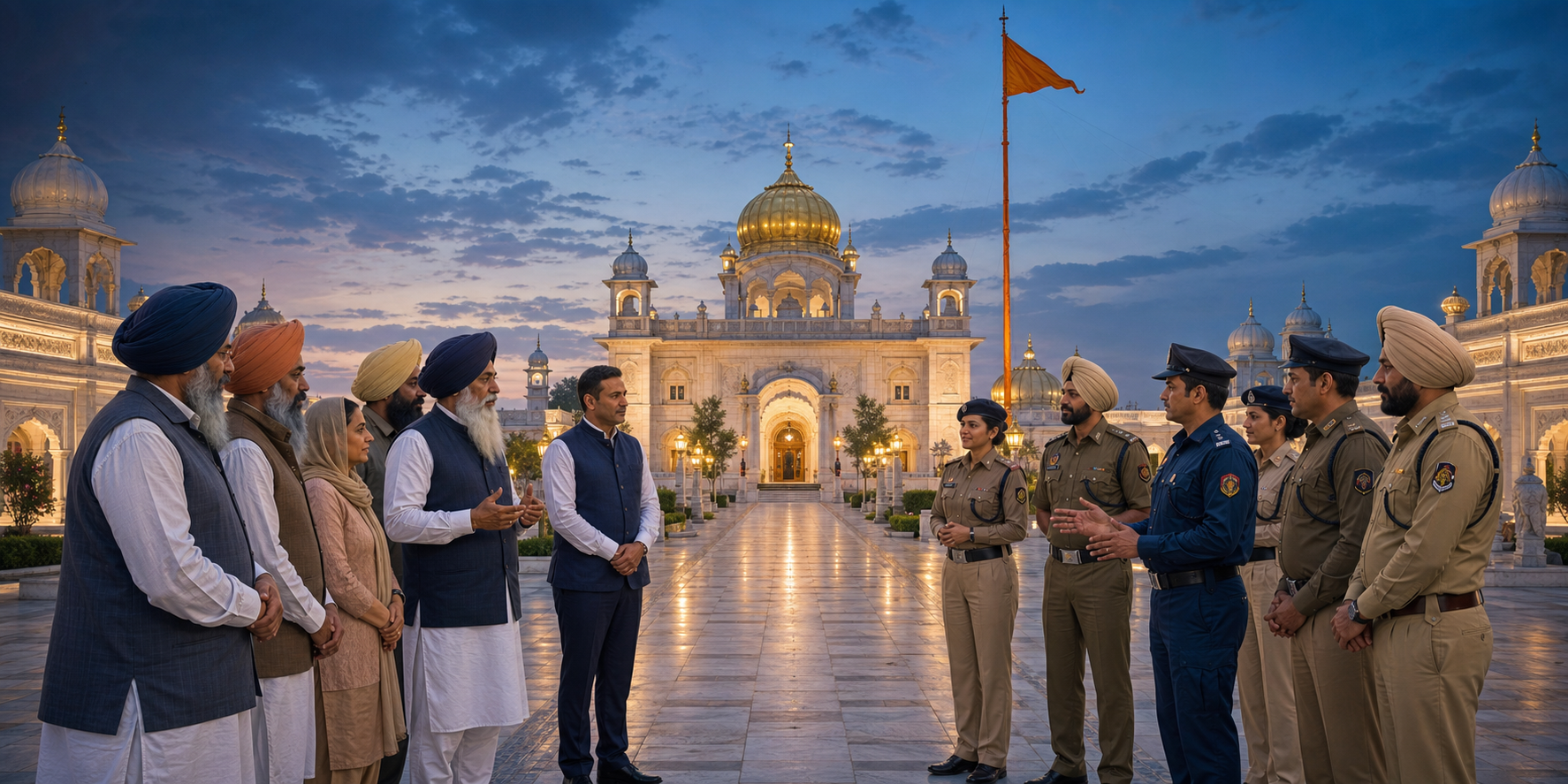 Sikh community representatives and public-safety officials hold a serious discussion in the courtyard of a gurdwara at dusk.