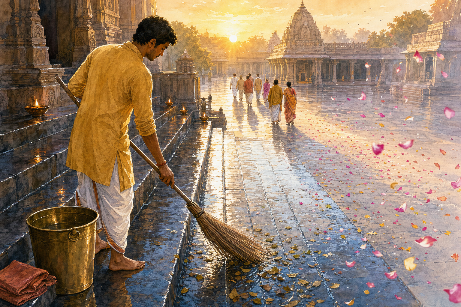 A devotee sweeps wet temple steps at sunrise while loose flower petals blow across the courtyard beyond reach.