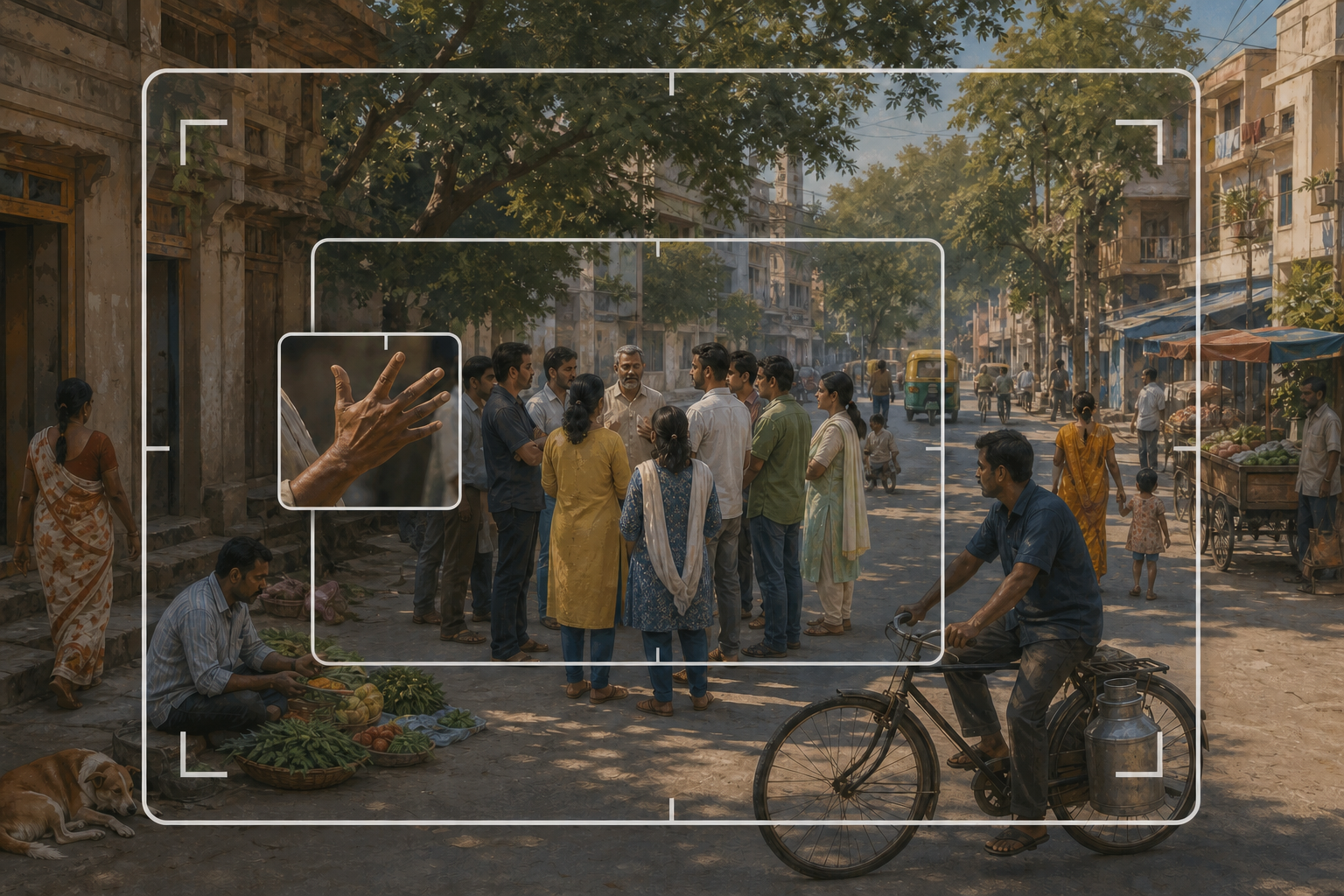 Three differently sized camera frames show close, medium, and wide views of the same street gathering in India.