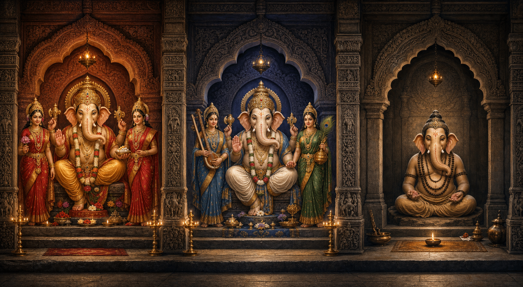 Three adjoining shrine bays show Ganesha with two consorts, with a differently presented pair of attendants, and alone in an ascetic setting.