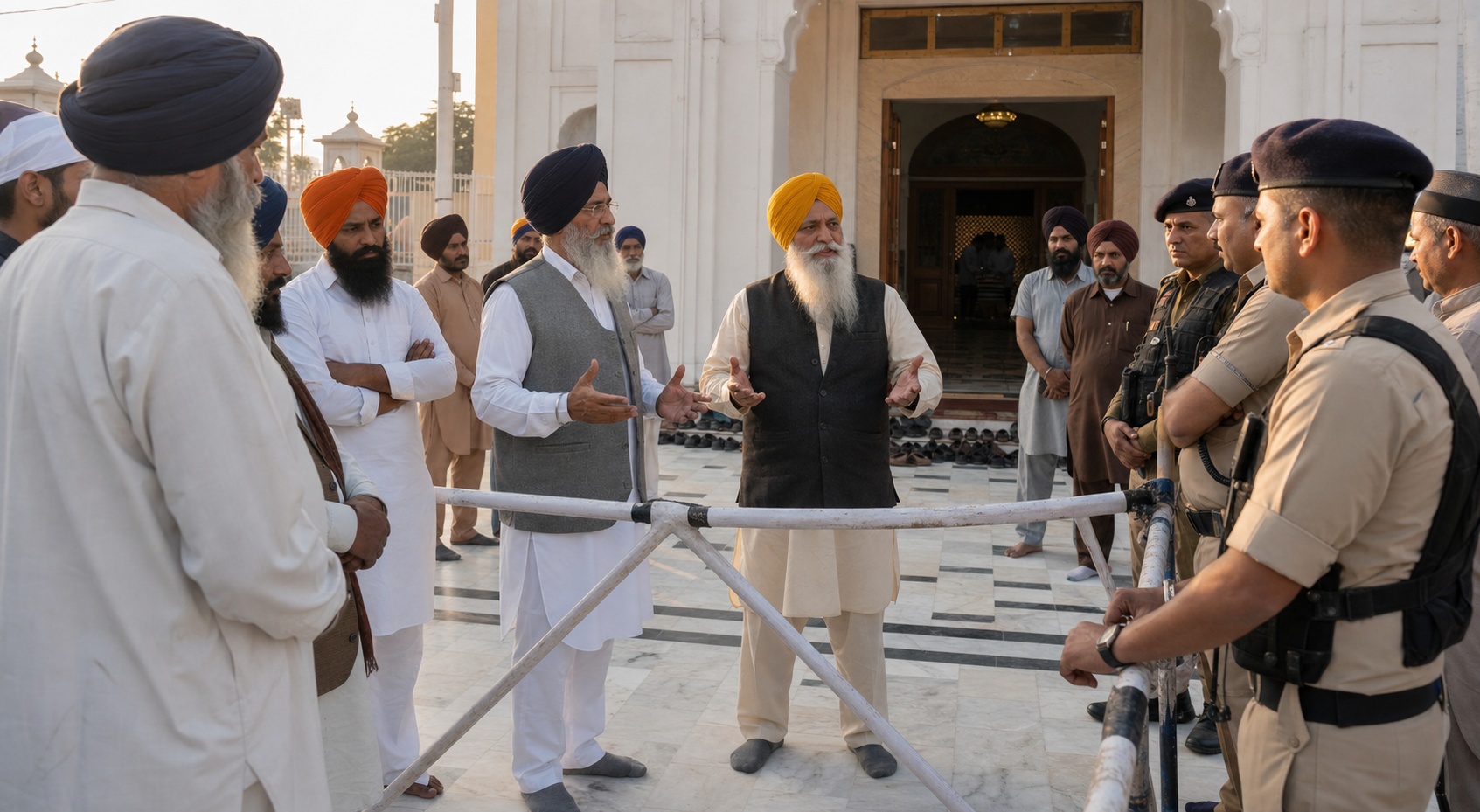Sikh elders mediate a calm discussion between worshippers and public-safety officers near a gurdwara courtyard boundary.