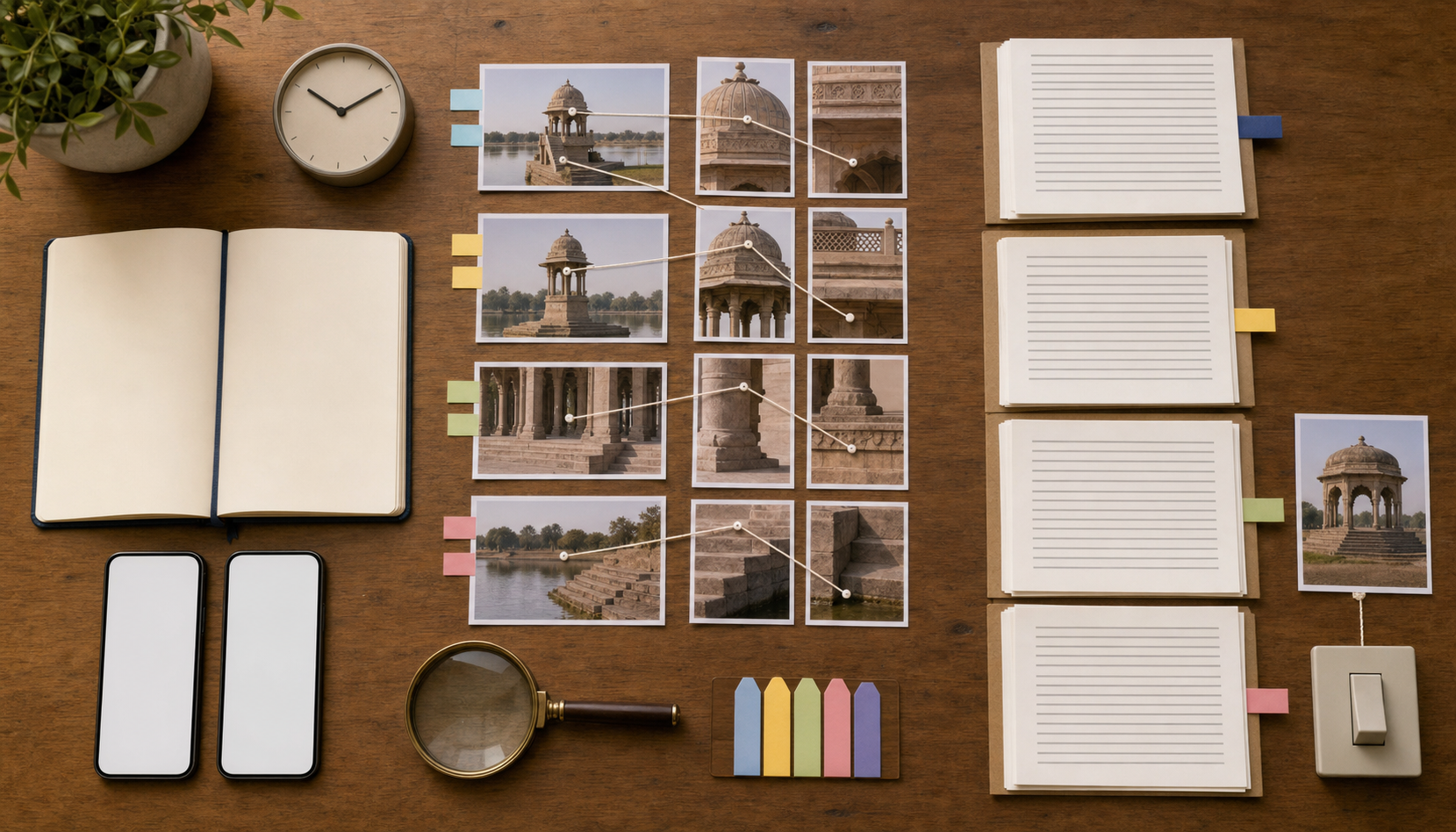 A verification desk contains blank documents, multiple photographs, phones, evidence tabs, and a magnifying glass arranged for cross-checking.