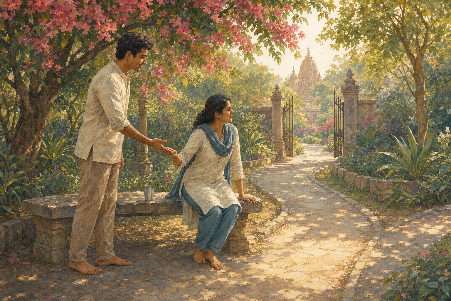 One devotee offers a hand to another beside a temple garden bench as open paths extend beyond them.