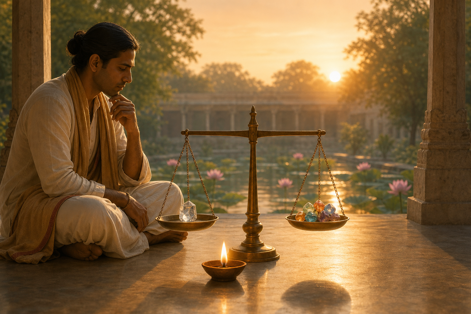 An Indian scholar sits beside a balanced brass scale, a steady oil lamp, and a lotus pond at dawn.