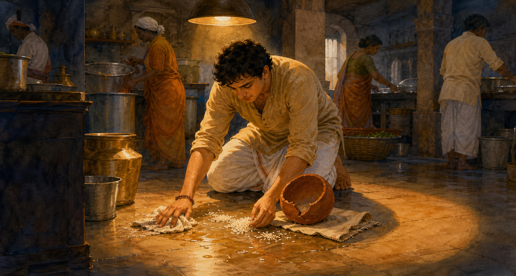 A devotee cleans spilled rice and water beside a cracked clay bowl while other volunteers work in a temple kitchen.