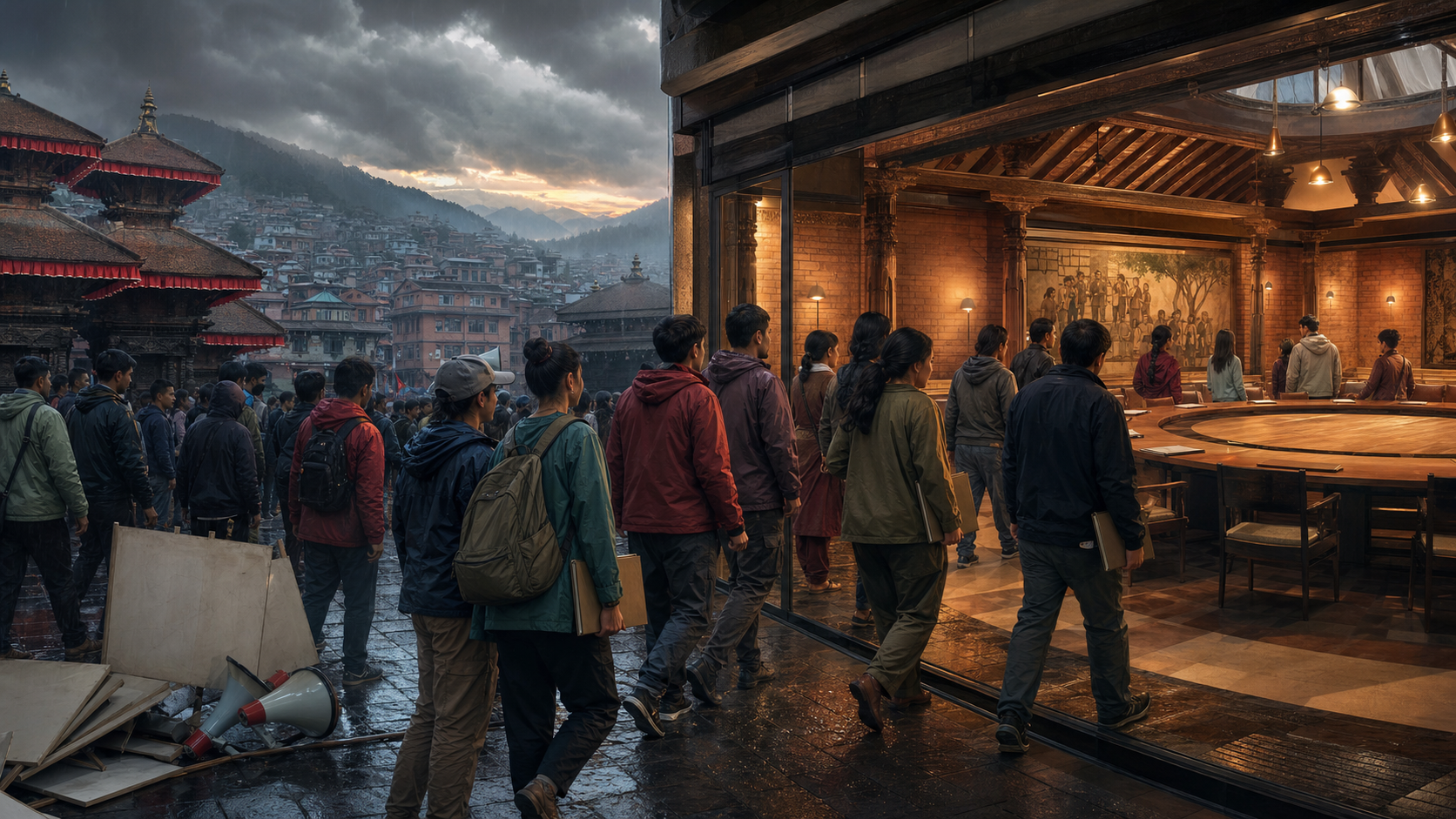 Young Nepali citizens leave a rain-wet protest square and enter a glass-walled civic chamber overlooking Kathmandu.