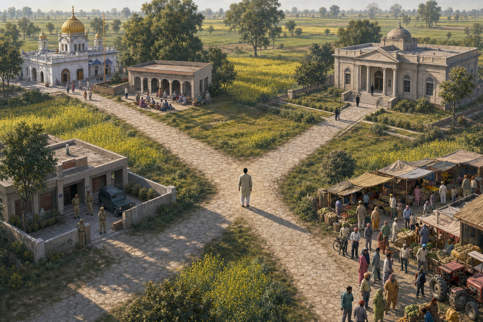 A person stands at a four-way crossroads leading toward a gurdwara, a courthouse, a civic building and a Punjab village market.
