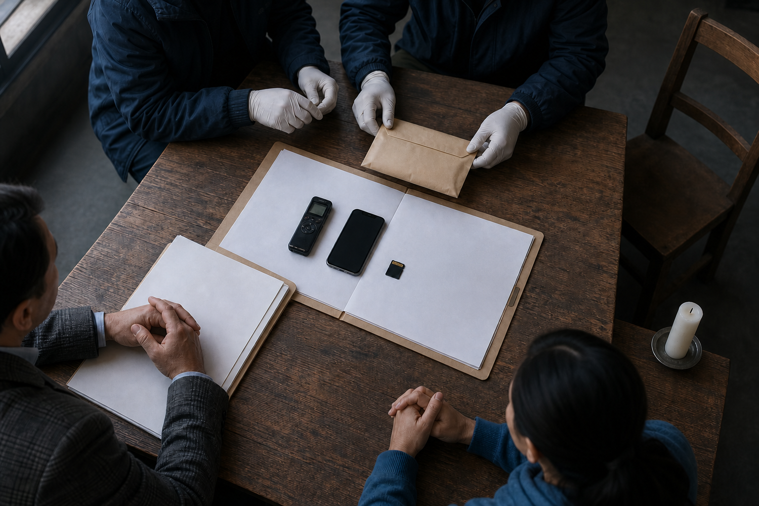 Investigators and observers examine sealed evidence, a recorder, a phone, and blank case papers around a table in a Nepalese inquiry room.