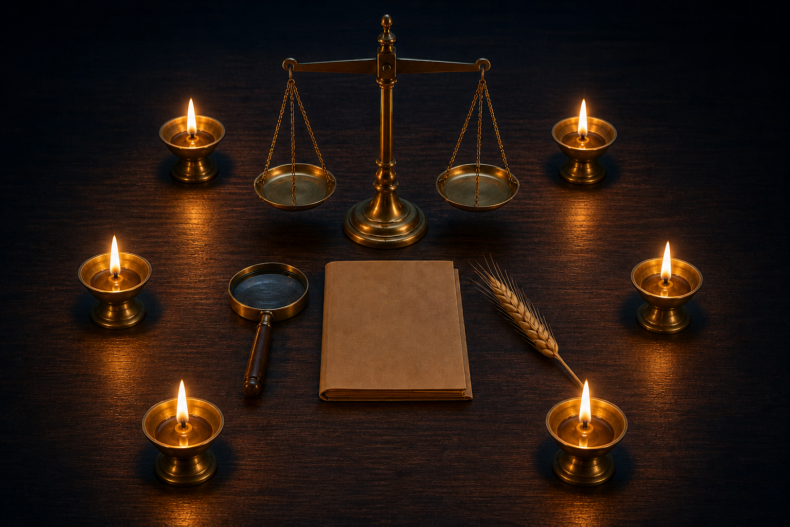 Six brass oil lamps surround balanced scales, a magnifying glass, a plain file and a wheat stalk on a wooden table.