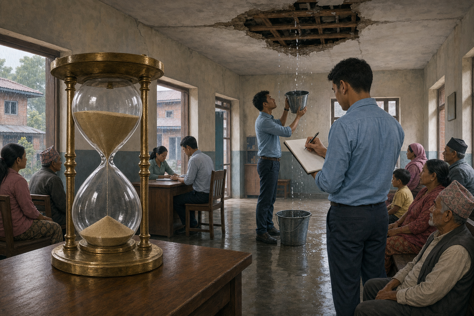A brass hourglass stands in a Nepalese public-service office as young officials inspect a ceiling leak and residents wait nearby.